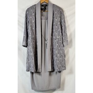 R&M Richards Womens Silver Metallic-Trim Necklace Dress And Jacket Set Size 12P